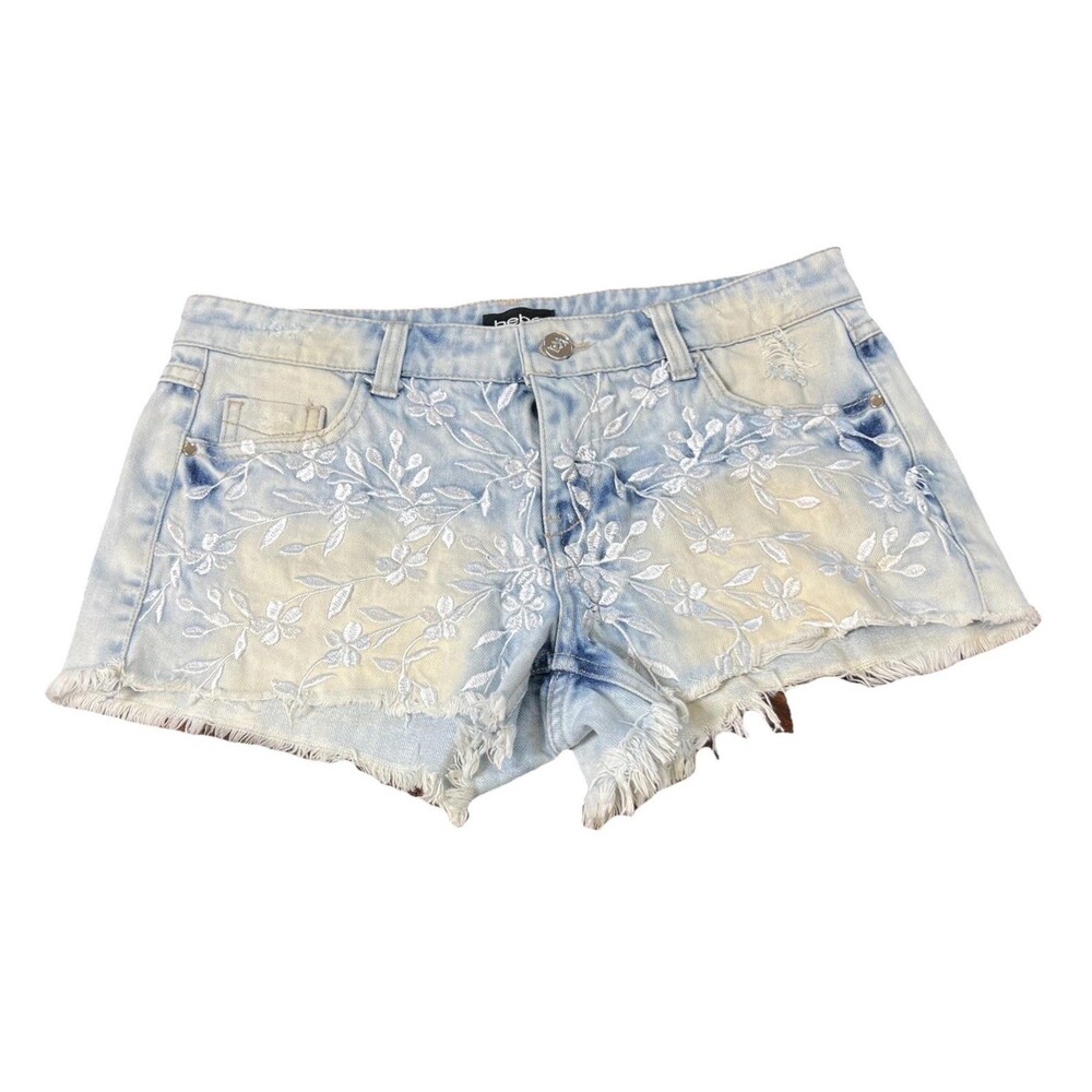BEBE Denim Jean Lindsay Shorts Size 27 Waist Distressed Floral Lace Boho Grunge